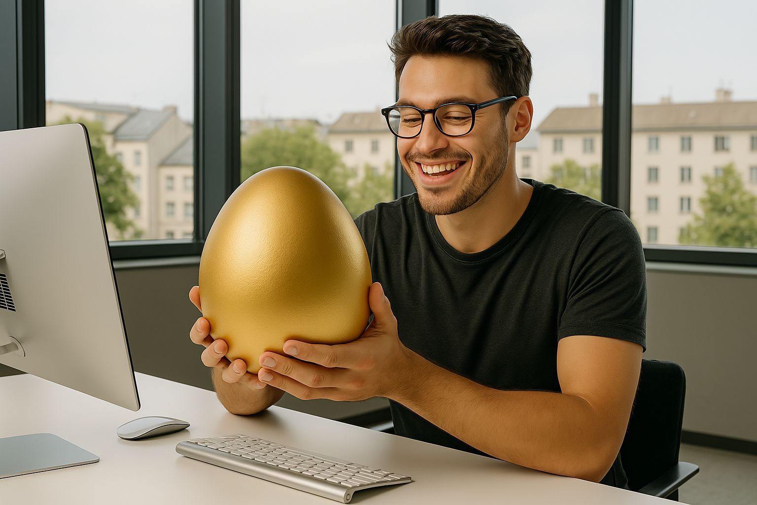 Smiling business owner holding a giant golden egg, symbolizing high ROI from successful and profitable email marketing efforts.