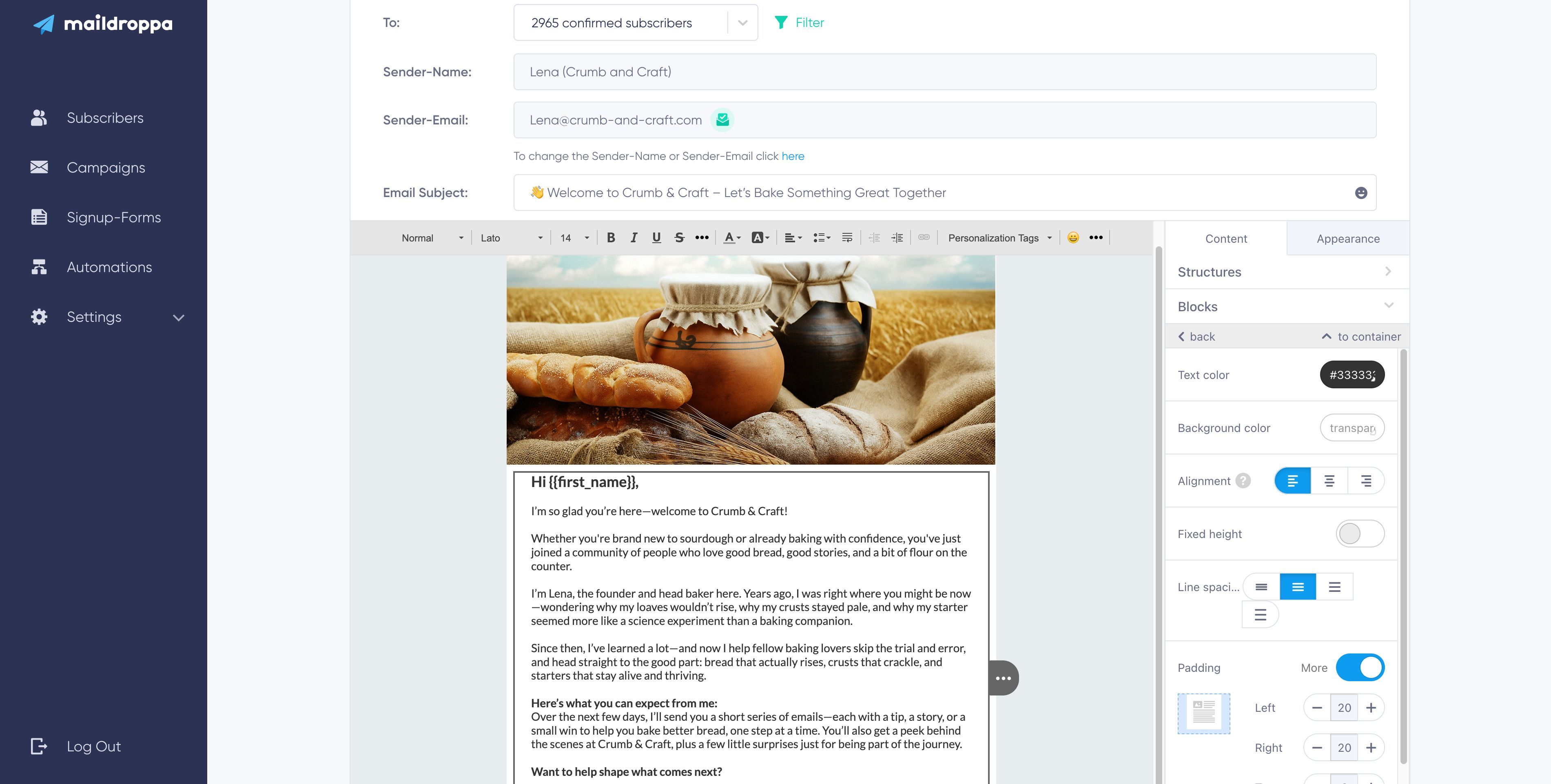 welcome email in Maildroppa, showing how to create a high-impact first message to engage new subscribers effectively.