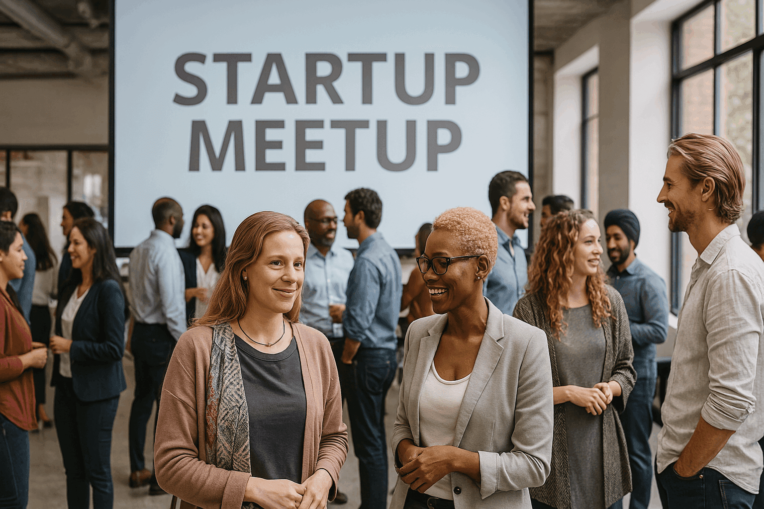 People networking at a startup meetup, reflecting how bootstrappers build contacts through events and entrepreneurial communities.