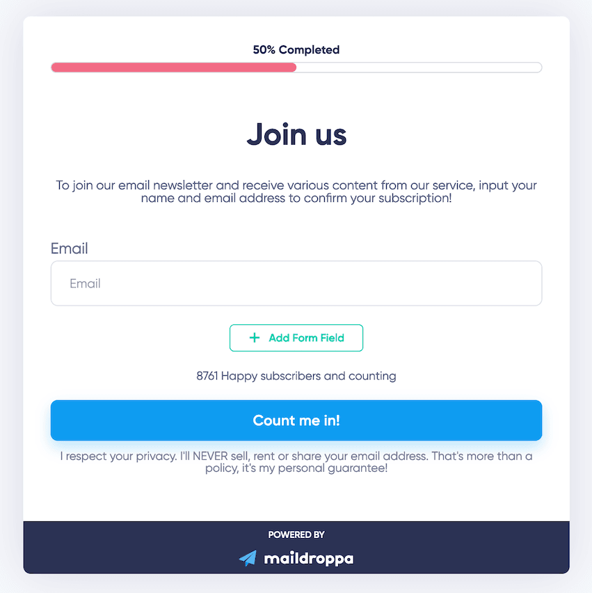 Email Signup form example from Maildroppa