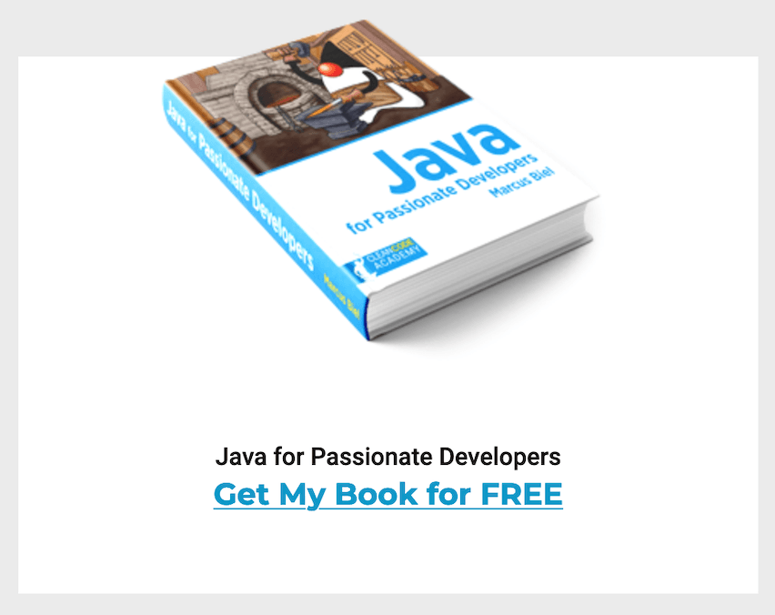 Toggle popup with 'Get My Book for FREE' link and an image of the free Java book, prompting user action for signup.