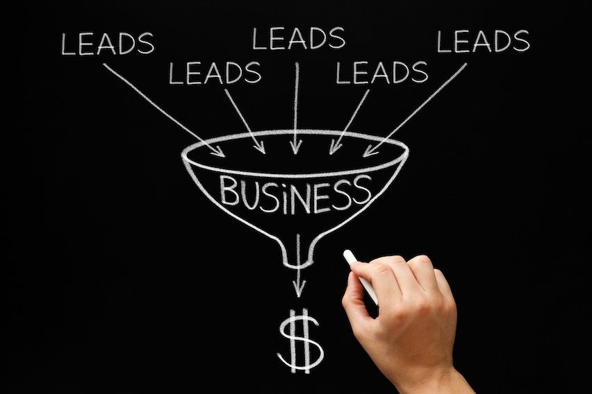 Chalk drawing of a funnel labeled 'Business' with 'LEADS' entering and a dollar sign at the exit, symbolizing lead conversion.
