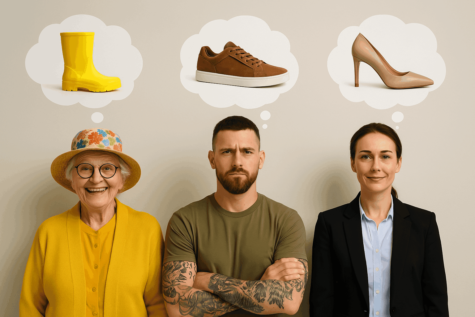 Three diverse people imagine different shoes, showing how personalization in targeted email marketing builds relevance.