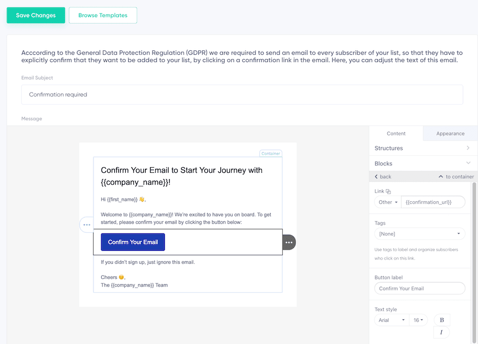 Adding the confirmation URL in the editor's link settings.