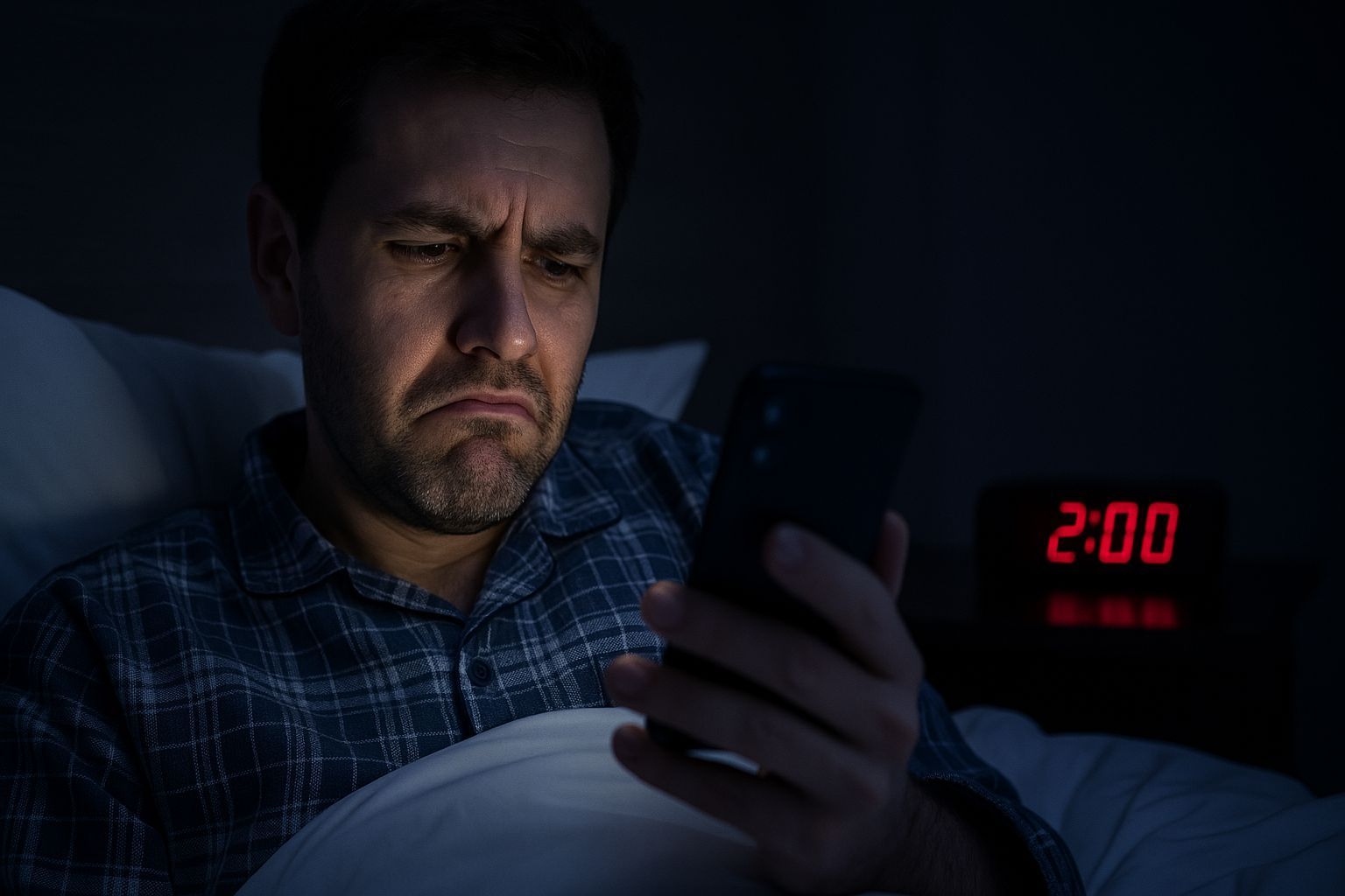 Man lying in bed at 2 AM, annoyed by an email, stressing the need to send messages at the recipient’s local time.