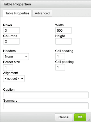 Add a table and define its properties