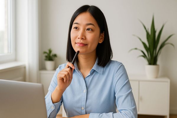 Thoughtful woman brainstorming email ideas at home office desk, illustrating effective email creation strategies.