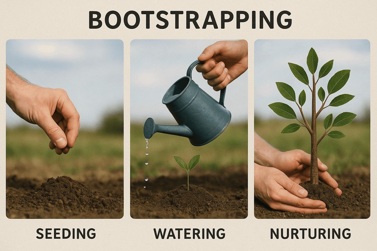 Bootstrapping as tree growth: seeding, watering, and nurturing a sapling, symbolizing startup growth with no outside help