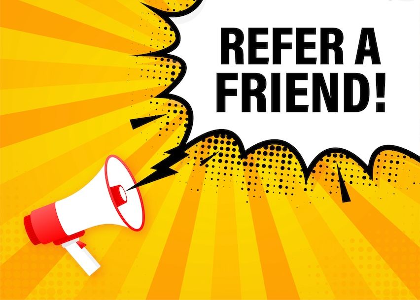 Flyer with a megaphone and 'REFER A FRIEND!' speech bubble, highlighting email forwarding feature.