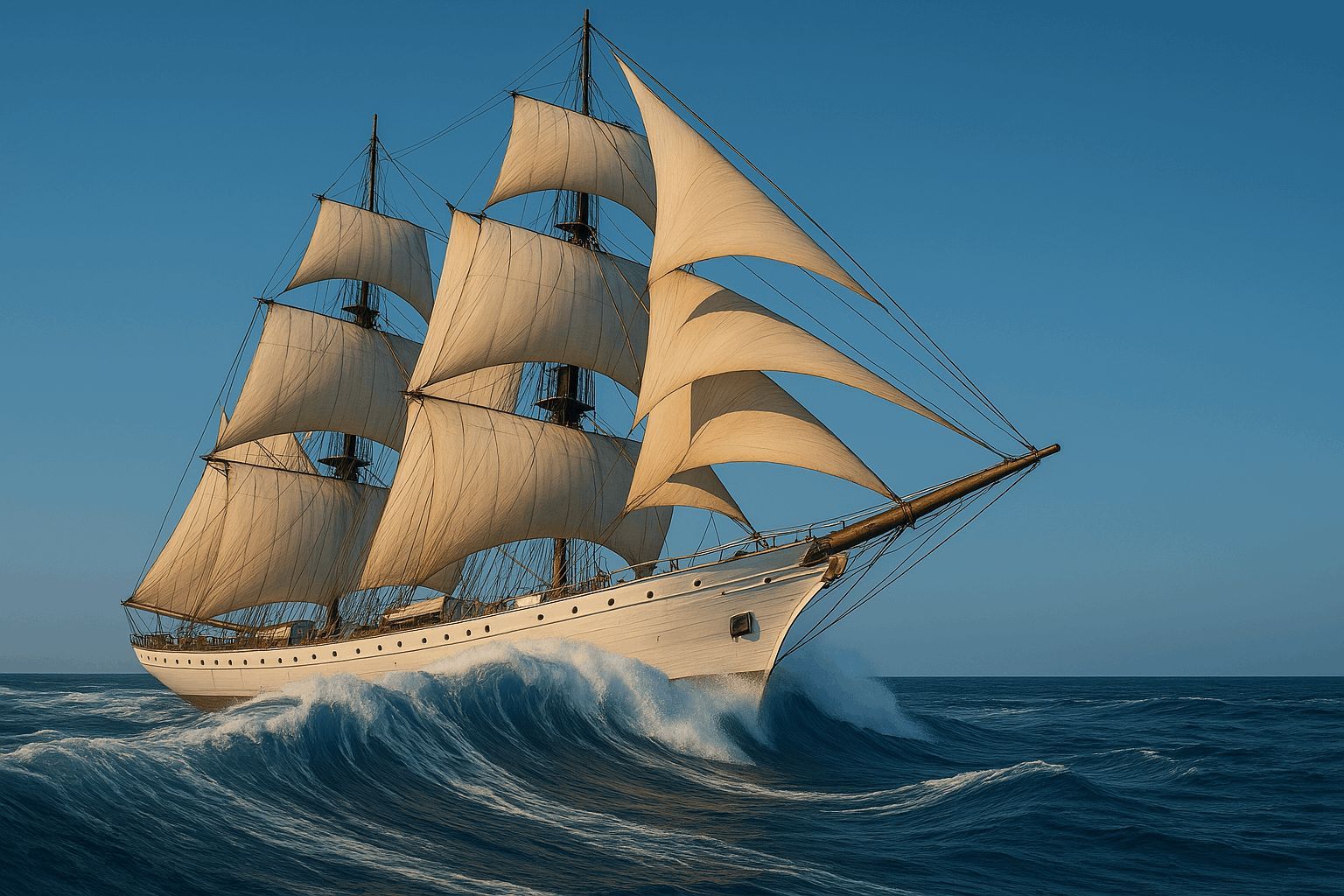 A majestic tall ship sails through powerful ocean waves under a clear sky, symbolizing the bold, self-reliant journey of bootstrapping.