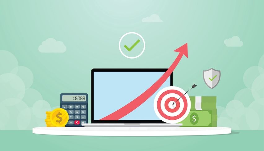 Notebook with calculator, coins, target, and upward red arrow symbolizing high ROI and cost-effectiveness in email marketing.