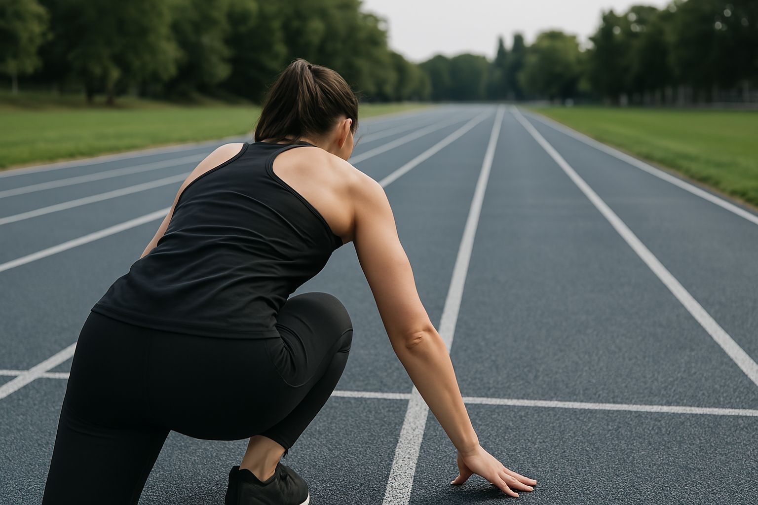 Runner in starting position on track, symbolizing setting clear goals before launching a targeted email marketing strategy.