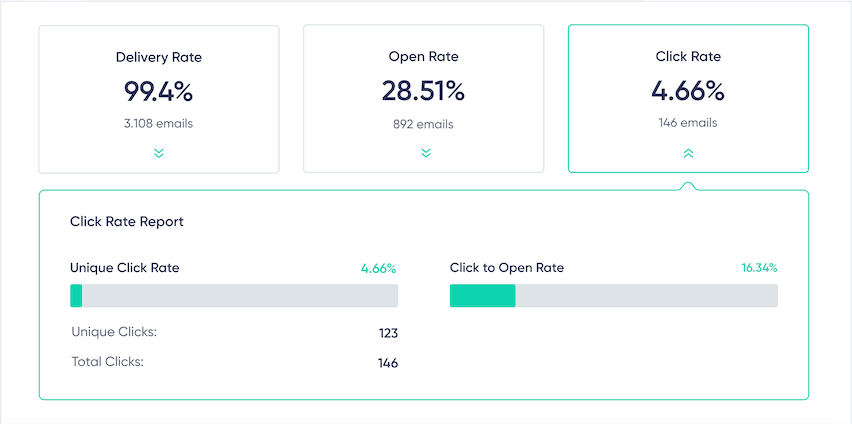In-depth view of Maildroppa email campaign report showcasing detailed metrics like delivery, open, and click-to-open rates.