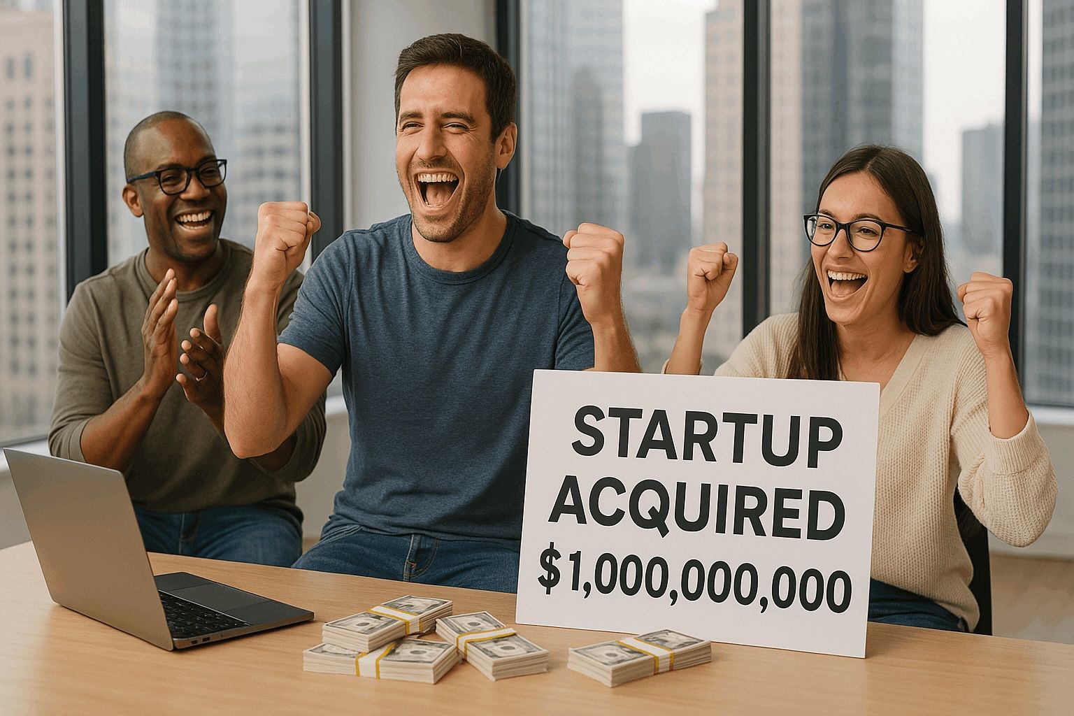 Three founders celebrate a $1B startup exit, symbolizing the triumphs possible through bootstrapped success.