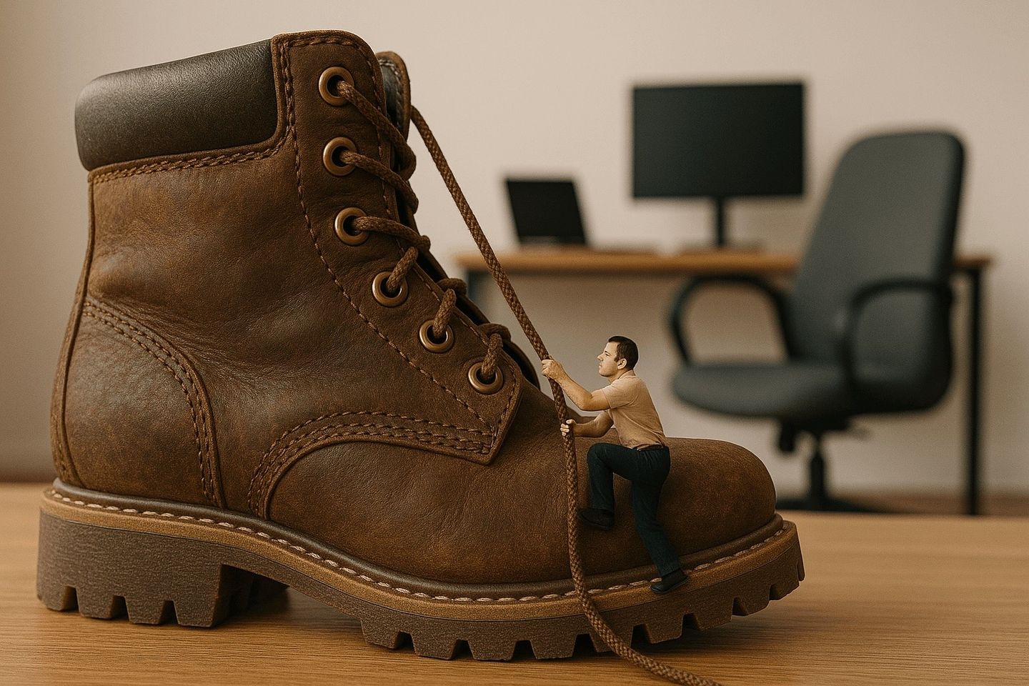 Stylized figure leveraging a giant boot's strap to symbolize self-starting bootstrapping.