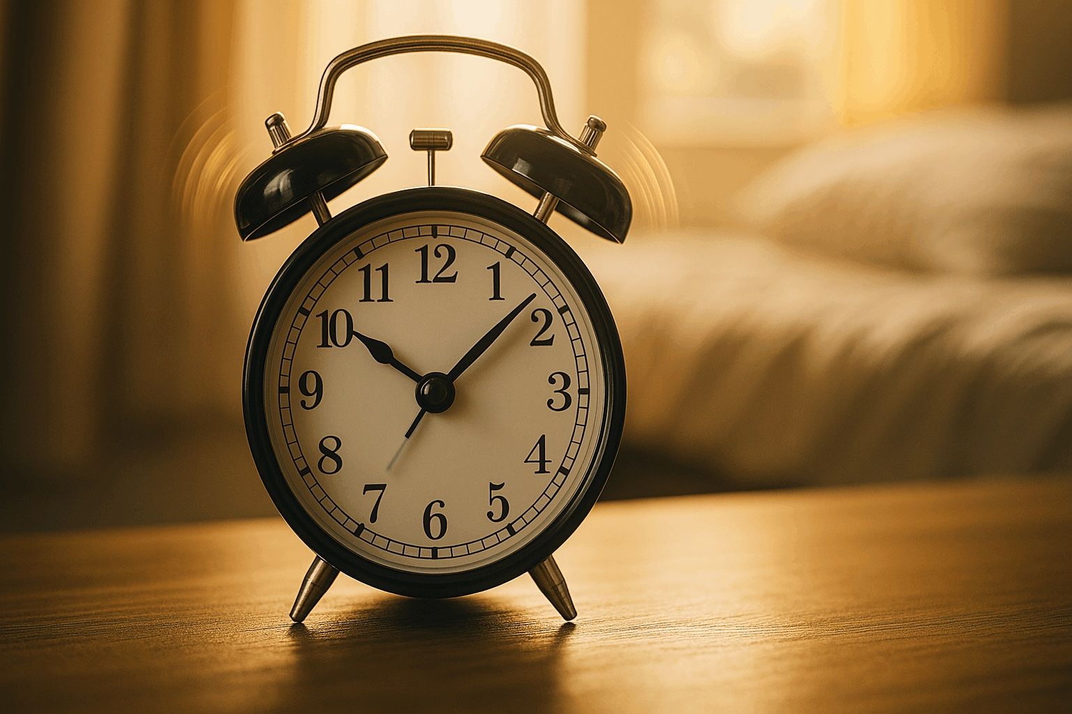 Classic alarm clock ringing on a bedside table, symbolizing a personal wake-up call and the start of an entrepreneurial journey.