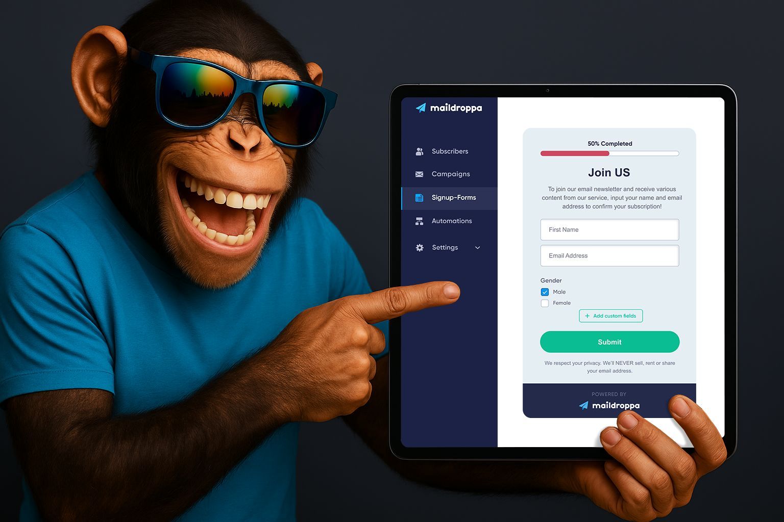 Cool chimp holding tablet with Maildroppa signup form, showcasing engaging, customizable subscriber experience.