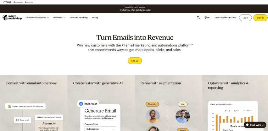 The home page for email marketing platform Mailchimp.