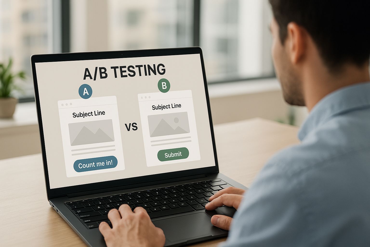 Man using a laptop in a modern office, running an A/B test to compare email buttons saying “Count me in!” vs. “Submit”