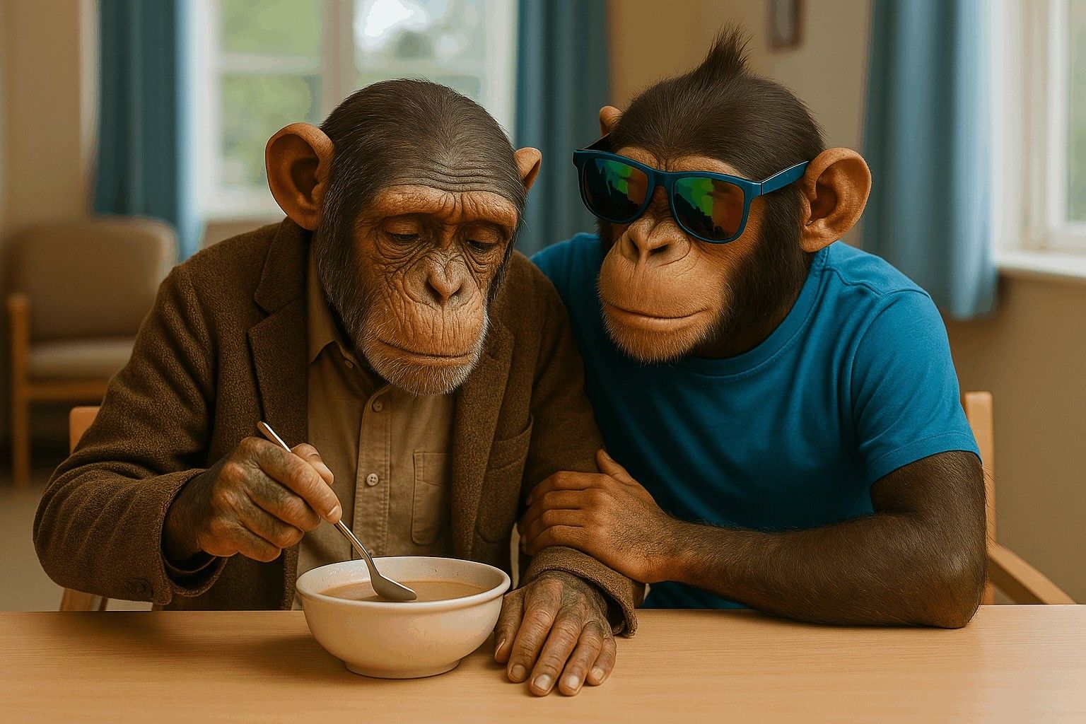 Young, trendy chimp visits an older chimp in a care home, symbolizing Maildroppa’s modern edge over the aging Mailchimp platform.