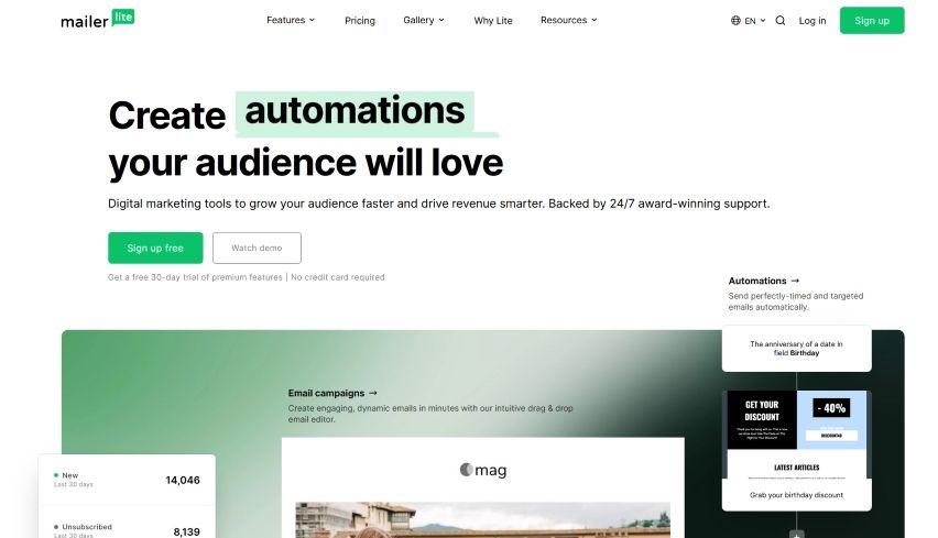 Home page for the email marketing platform MailerLite.