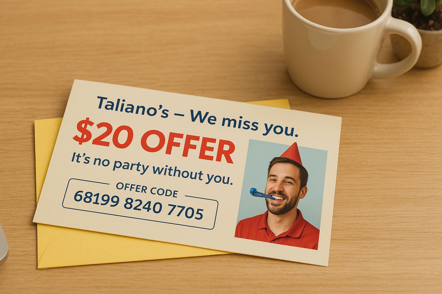  re-engagement card with a party photo and $20 offer, inviting an inactive subscriber back with a personal touch.
