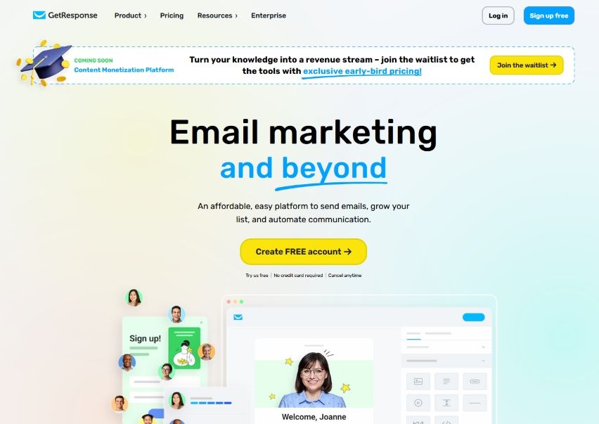 The website for the email newsletter tool GetResponse.