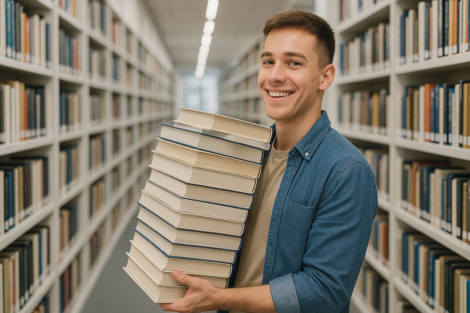 Young man carrying a tall stack of books in a library, symbolizing the depth and variety of proven email-writing resources.
