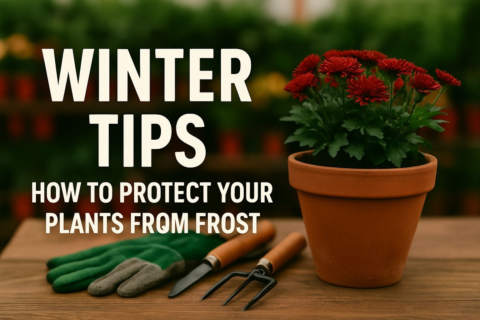 Potted plant and tools with text 'Winter Tips' — example of engaging newsletter content from a local garden center.