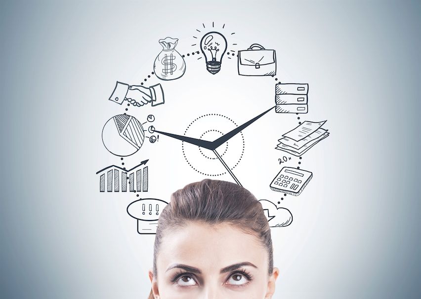 Half-view of a woman looking at a clock with icons like a bulb, money bag, and graphs, symbolizing strategic task time-saving