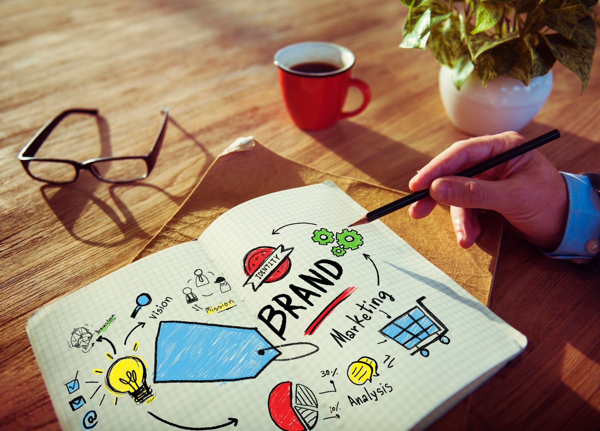 Notebook sketch of brand strategy showing identity, vision, and marketing, reflecting B2B email’s role in brand awareness.