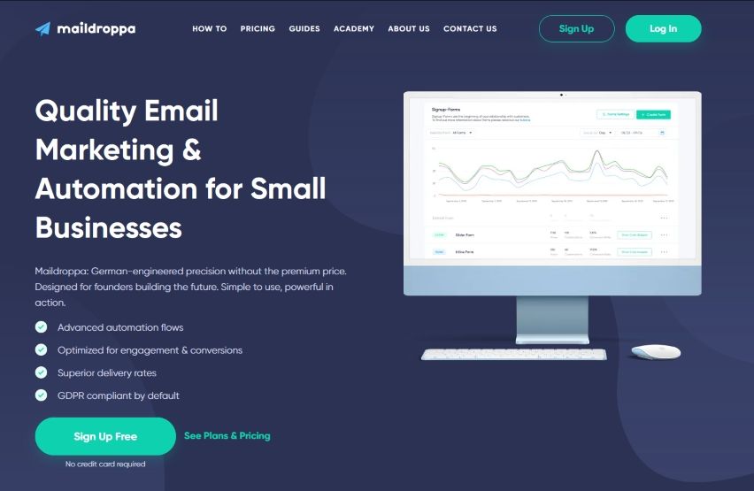 Home page for the email newsletter platform Maildroppa.