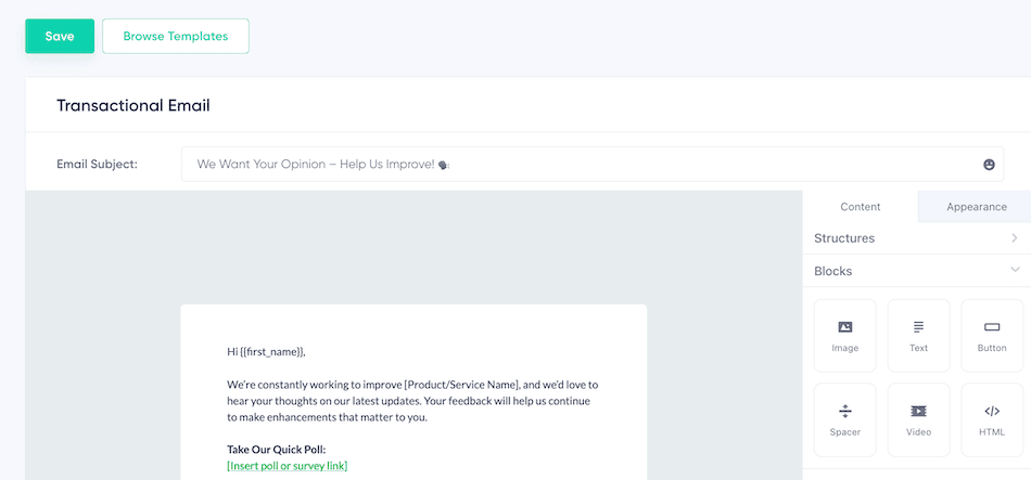 Use the drag and drop editor to edit a transactional email