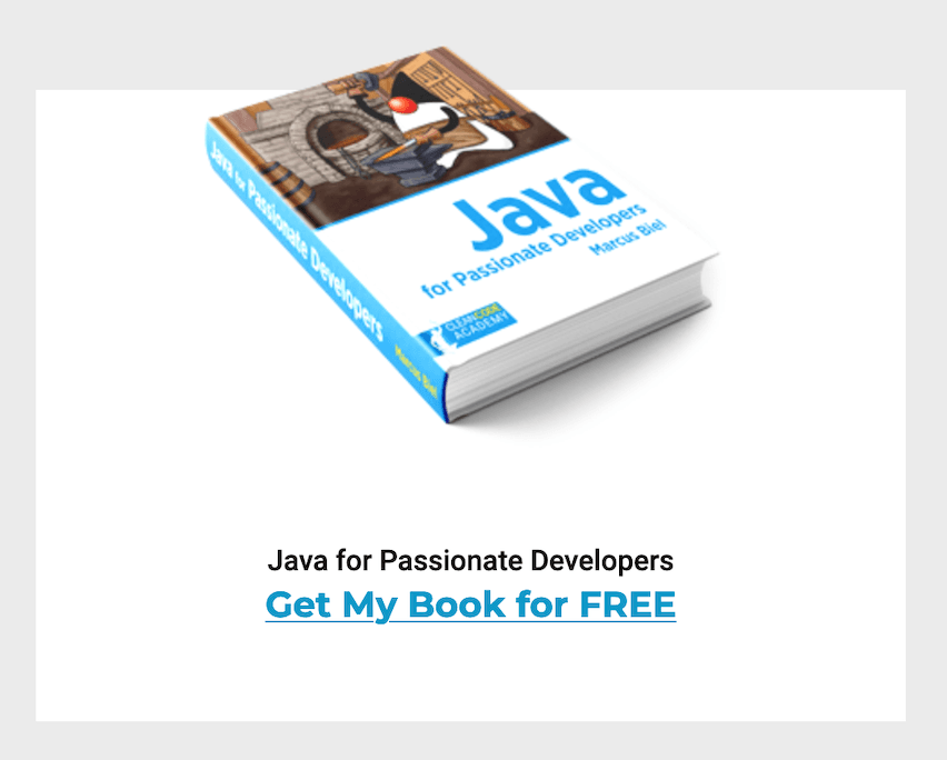 3D book image 'Java for Passionate Developers' with link for a popup sign-up form upon click.