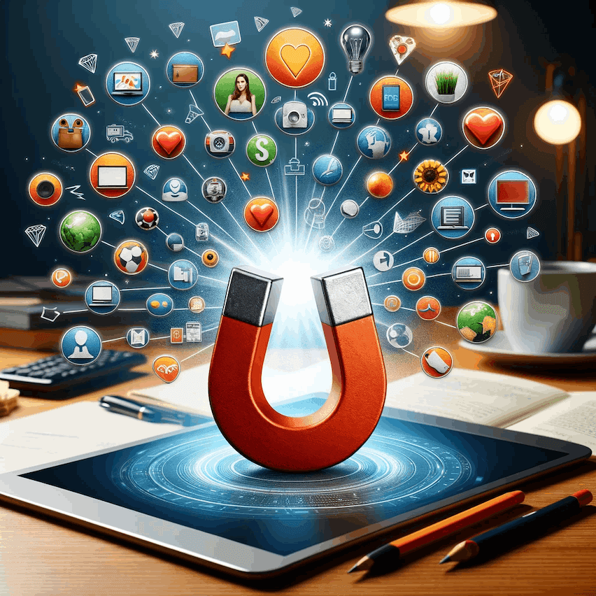 Magnet atop a tablet drawing in icons like hearts, light bulbs, and computers, symbolizing the attractive power of lead magnets.