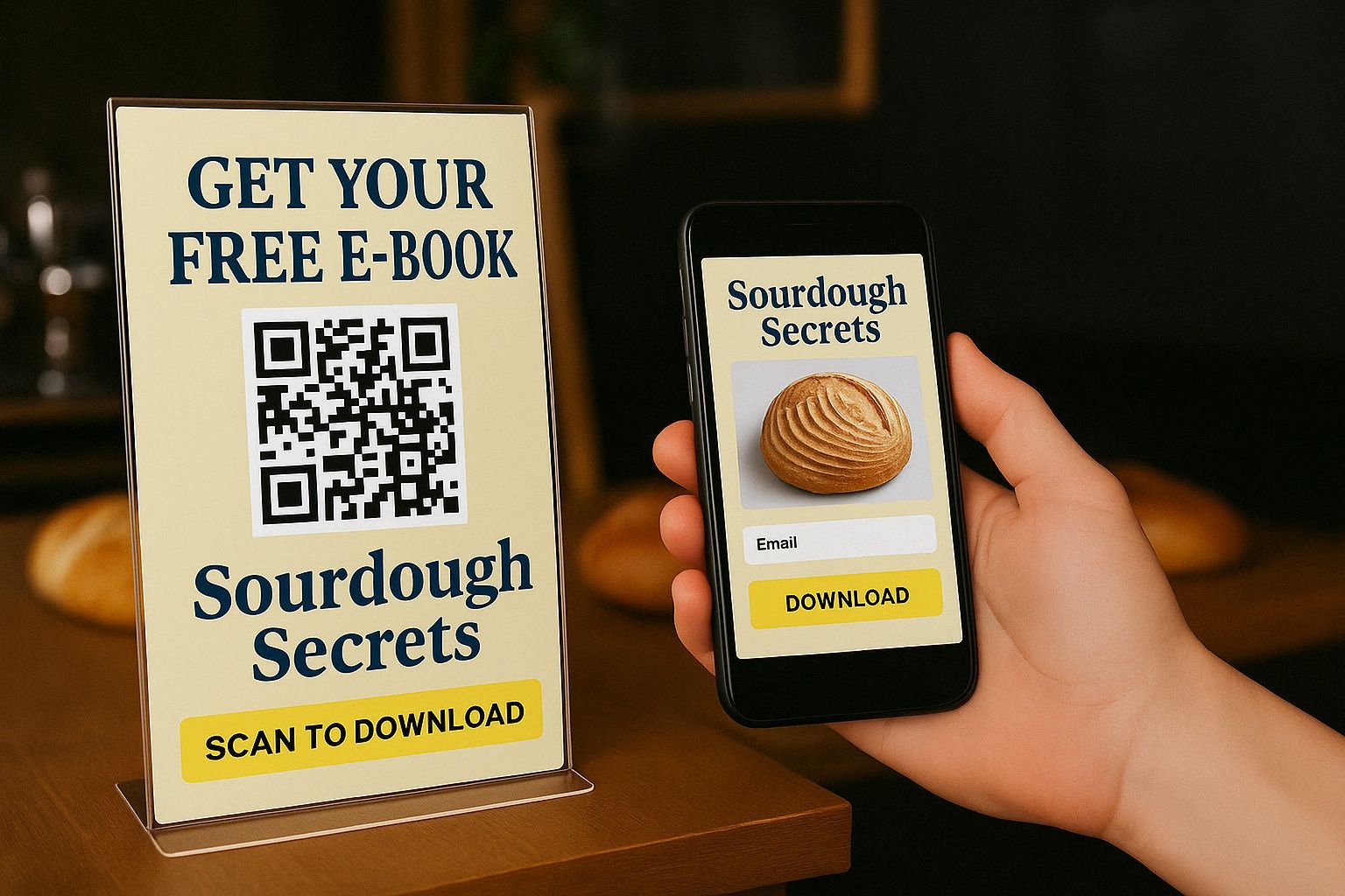 A bakery QR code sign with a phone screen showing an ebook offer—ideal for turning foot traffic into email list signups.