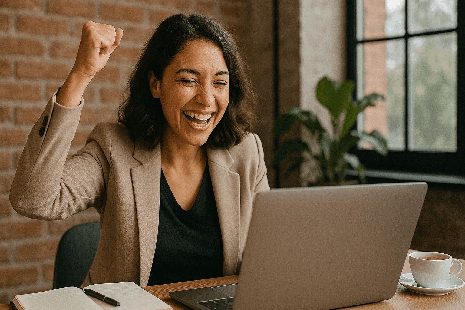 Smiling woman in blazer celebrating with a laptop, capturing the joy of building a business through bootstrapping