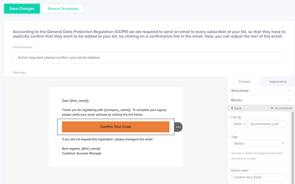 Updated email content after applying a template.