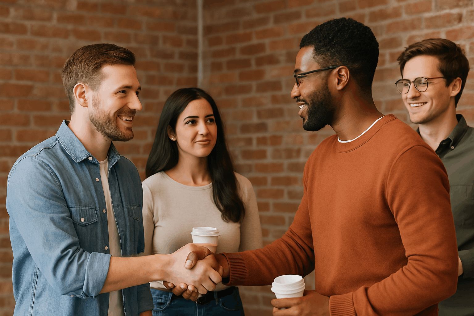 Entrepreneurs smile and shake hands at a networking event, showing the power of connection and community in business.