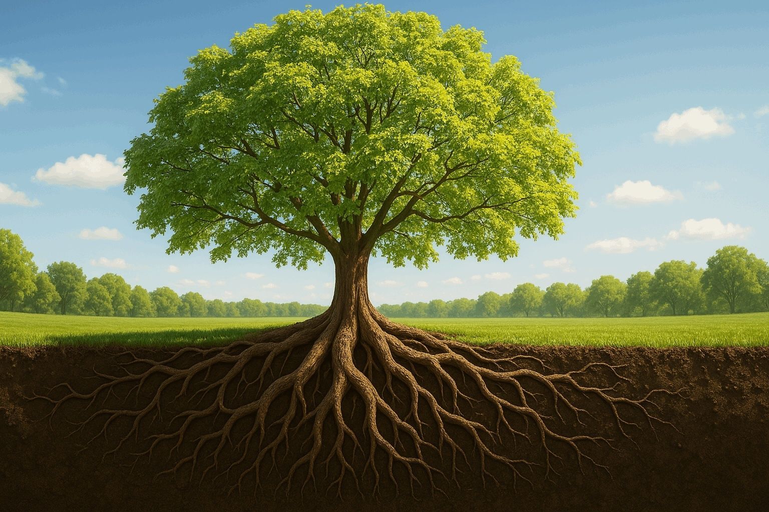 A strong tree with deep roots and a lush canopy, symbolizing financial stability and balanced personal well-being.