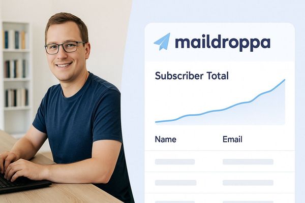 Small‑business owner at laptop beside subscriber growth chart symbolizing building an email list from scratch.