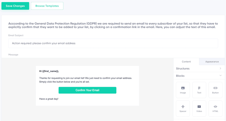 Drag-and-drop editor with default Signup Confirmation Email.
