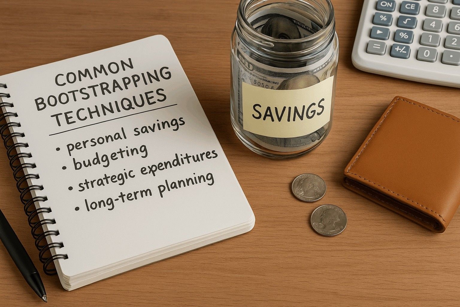 Financial planning scene with savings jar, wallet, and notebook for bootstrapping techniques and budgeting section.