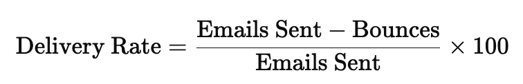 Formula for calculating email delivery rate: (Emails Sent − Bounces) / Emails Sent × 100