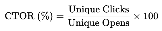 Formula for calculating the Click-to-Open Rate metric: (Unique Clicks / Unique Opens) × 100
