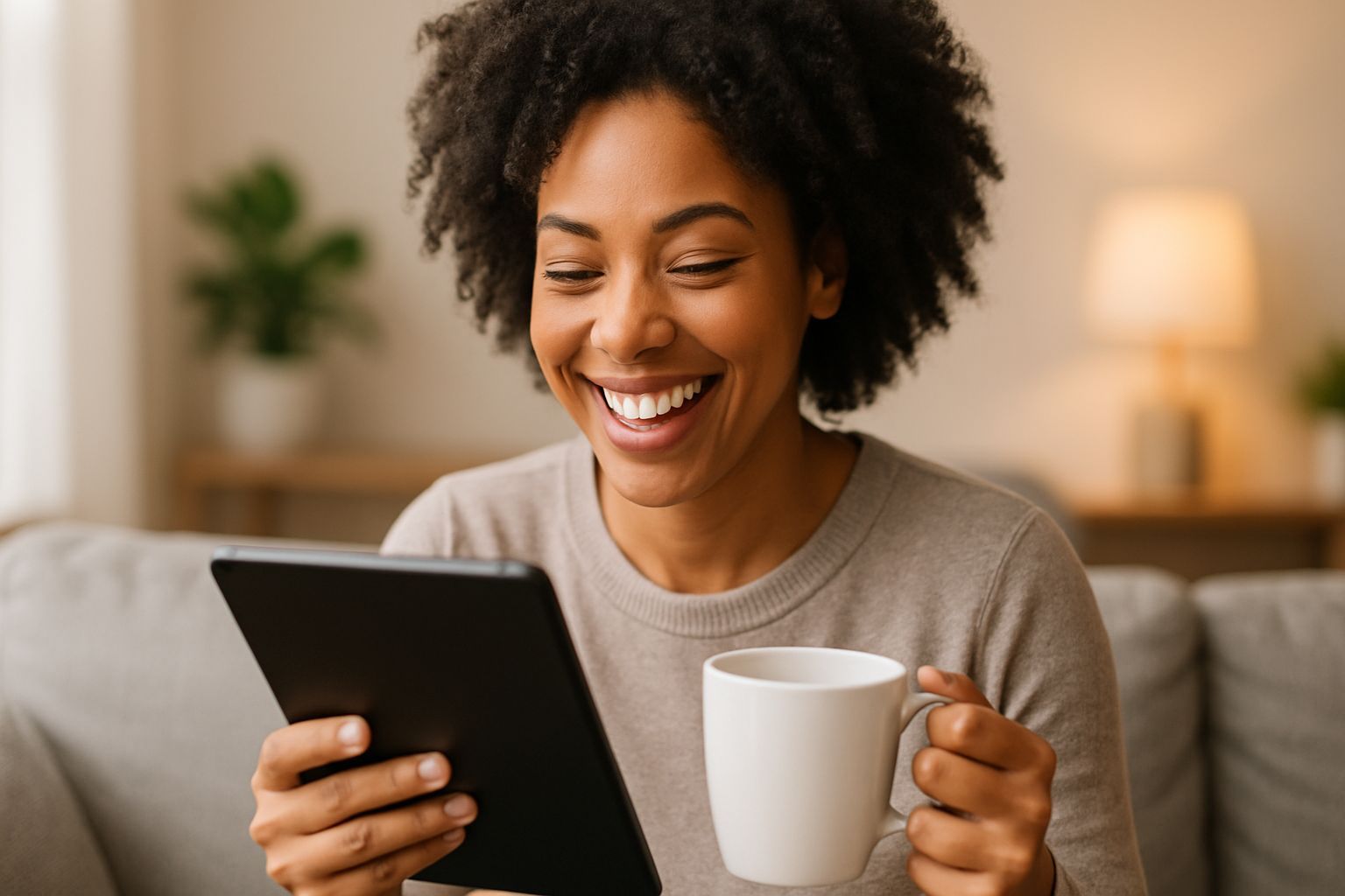 Smiling woman reading email on tablet with coffee in hand, illustrating the impact of delivering real value in email content.