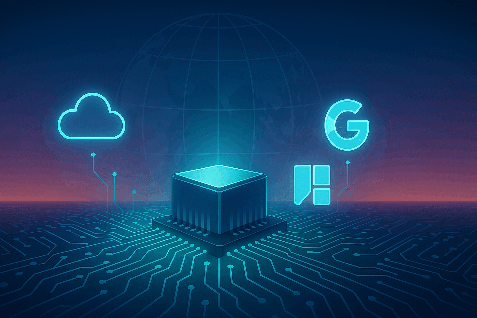 Digital CPU and circuit landscape with cloud and app icons, representing smart, cost-saving bootstrapping technology.