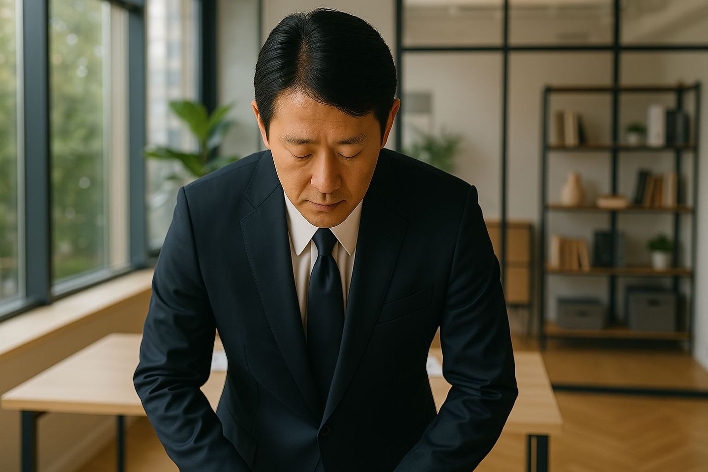 Man in suit bowing in office, showing how to apologize for mistakes in your email with sincerity and professionalism.