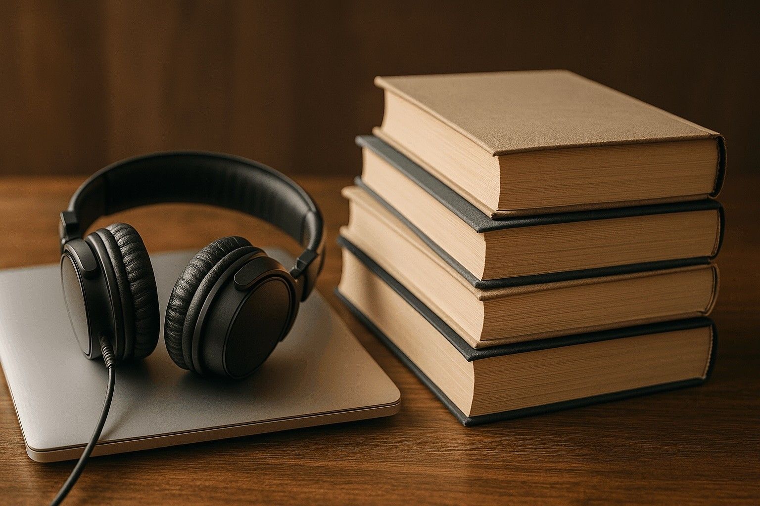 Stack of books and headphones on a closed laptop, symbolizing curated resources, learning, and tools for bootstrapped SaaS founders.