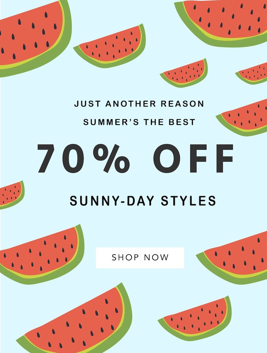Email marketing flyer with watermelons, promoting a 70% off summer sale with a 'Shop Now' button.